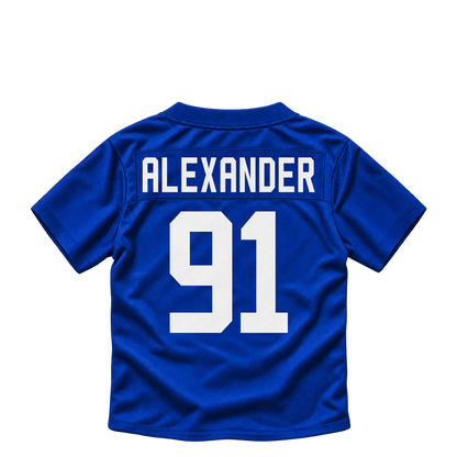 New York Giants ALEXANDER #91 jersey keychain artwork preview. Jersey keychain design. Attachment hardware is supplied with the finished acrylic keychain.