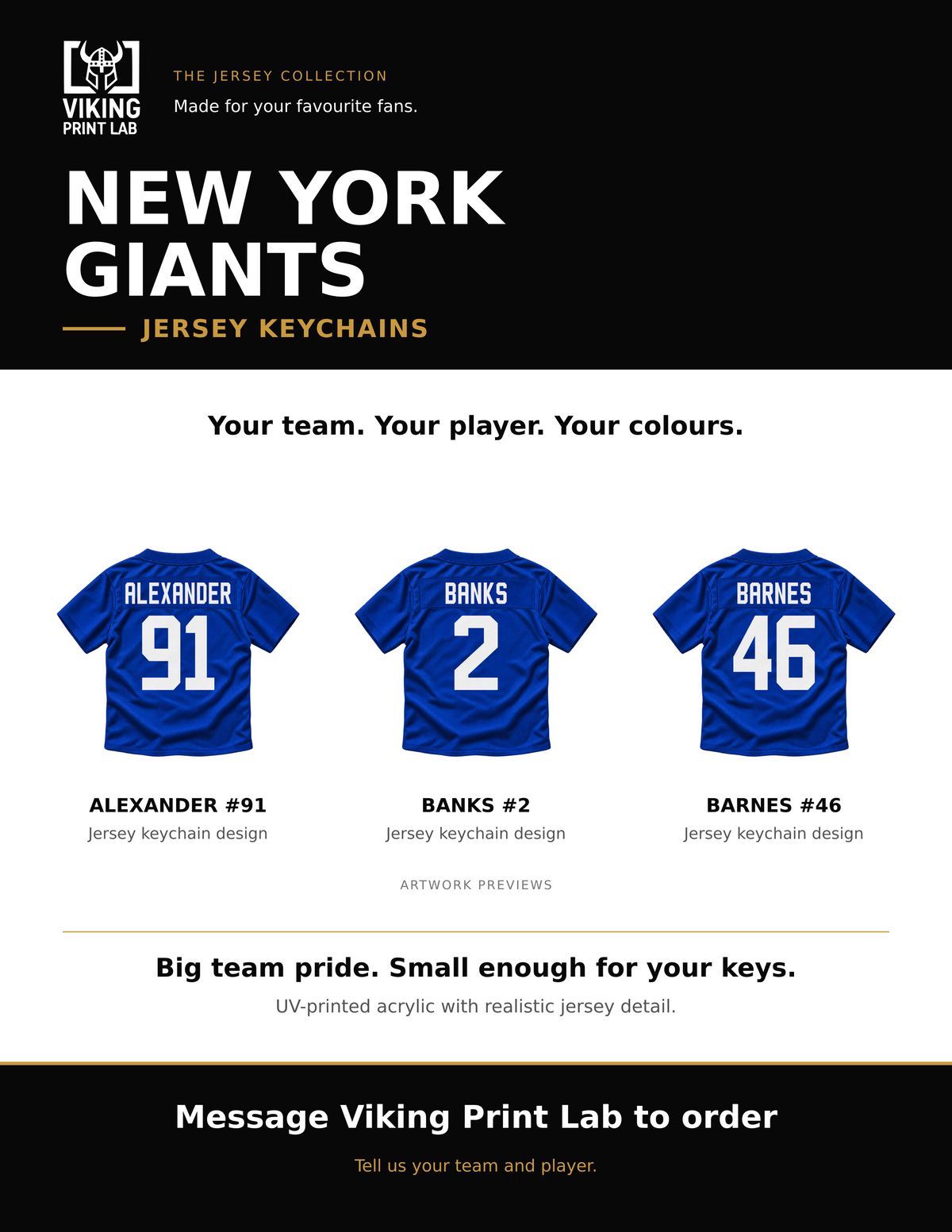 New York Giants jersey keychain design overview, showing three available artwork examples. Price is for one keychain.