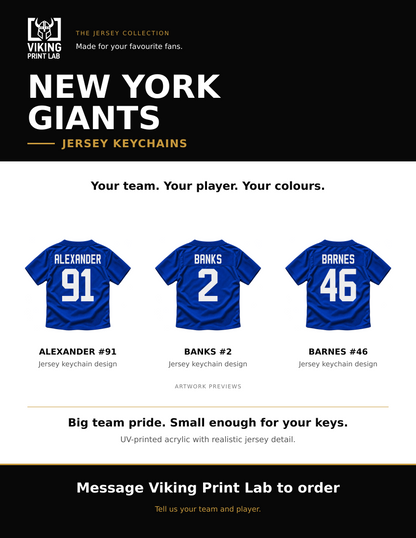 New York Giants jersey keychain design overview, showing three available artwork examples. Price is for one keychain.