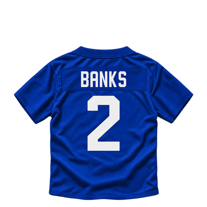 New York Giants BANKS #2 jersey keychain artwork preview. Jersey keychain design. Attachment hardware is supplied with the finished acrylic keychain.