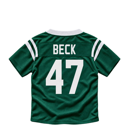 New York Jets BECK #47 jersey keychain artwork preview. Jersey keychain design. Attachment hardware is supplied with the finished acrylic keychain.