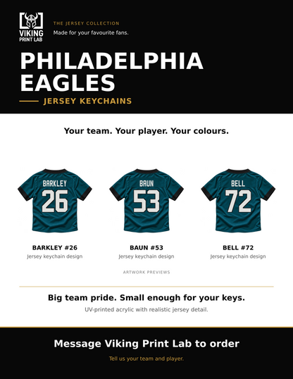 Philadelphia Eagles jersey keychain design overview, showing three available artwork examples. Price is for one keychain.