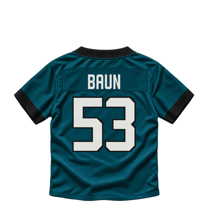 Philadelphia Eagles BAUN #53 jersey keychain artwork preview. Jersey keychain design. Attachment hardware is supplied with the finished acrylic keychain.