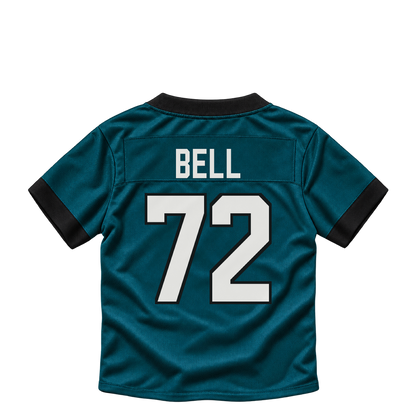 Philadelphia Eagles BELL #72 jersey keychain artwork preview. Jersey keychain design. Attachment hardware is supplied with the finished acrylic keychain.