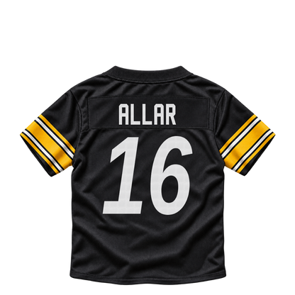 Pittsburgh Steelers ALLAR #16 jersey keychain artwork preview. Jersey keychain design. Attachment hardware is supplied with the finished acrylic keychain.