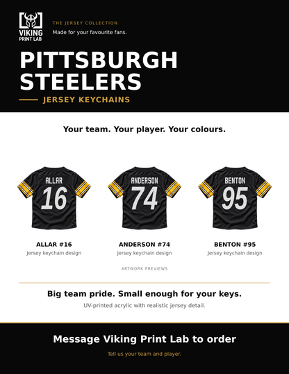 Pittsburgh Steelers jersey keychain design overview, showing three available artwork examples. Price is for one keychain.