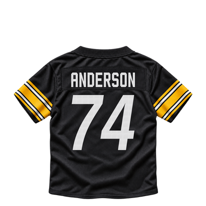Pittsburgh Steelers ANDERSON #74 jersey keychain artwork preview. Jersey keychain design. Attachment hardware is supplied with the finished acrylic keychain.