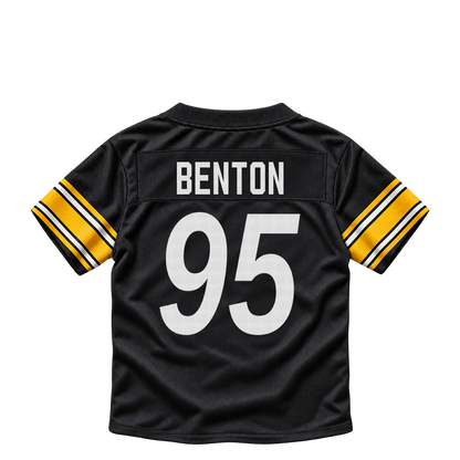 Pittsburgh Steelers BENTON #95 jersey keychain artwork preview. Jersey keychain design. Attachment hardware is supplied with the finished acrylic keychain.