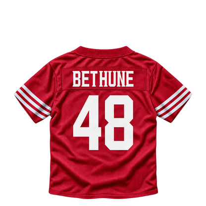 San Francisco 49ers BETHUNE #48 jersey keychain artwork preview. Jersey keychain design. Attachment hardware is supplied with the finished acrylic keychain.