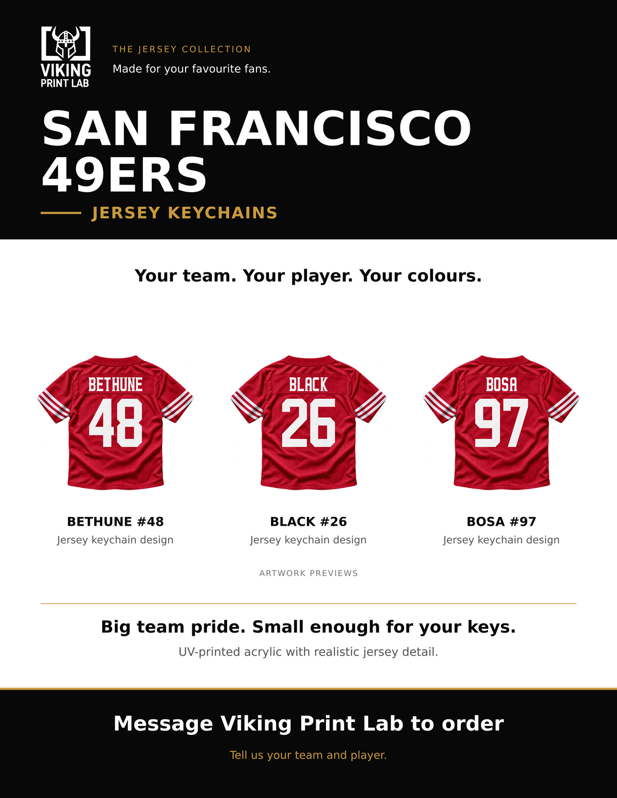 San Francisco 49ers jersey keychain design overview, showing three available artwork examples. Price is for one keychain.