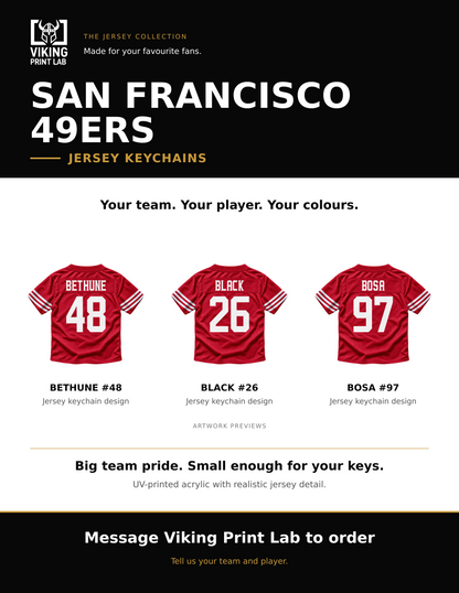 San Francisco 49ers jersey keychain design overview, showing three available artwork examples. Price is for one keychain.