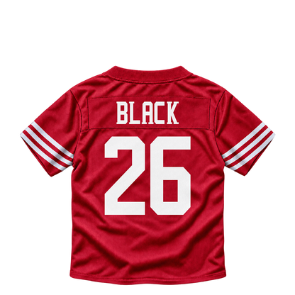 San Francisco 49ers BLACK #26 jersey keychain artwork preview. Jersey keychain design. Attachment hardware is supplied with the finished acrylic keychain.