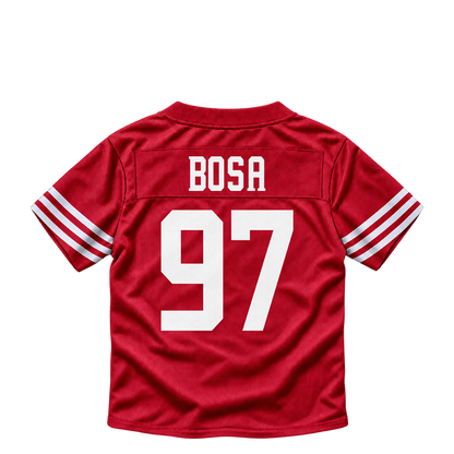 San Francisco 49ers BOSA #97 jersey keychain artwork preview. Jersey keychain design. Attachment hardware is supplied with the finished acrylic keychain.
