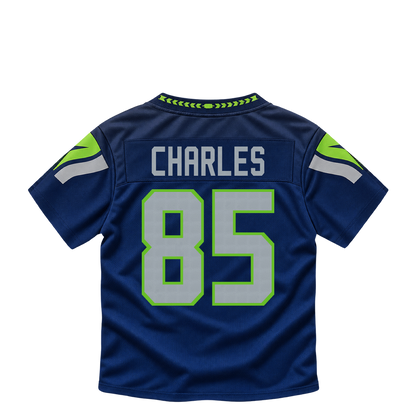 Seattle Seahawks CHARLES #85 jersey keychain artwork preview. Jersey keychain design. Attachment hardware is supplied with the finished acrylic keychain.