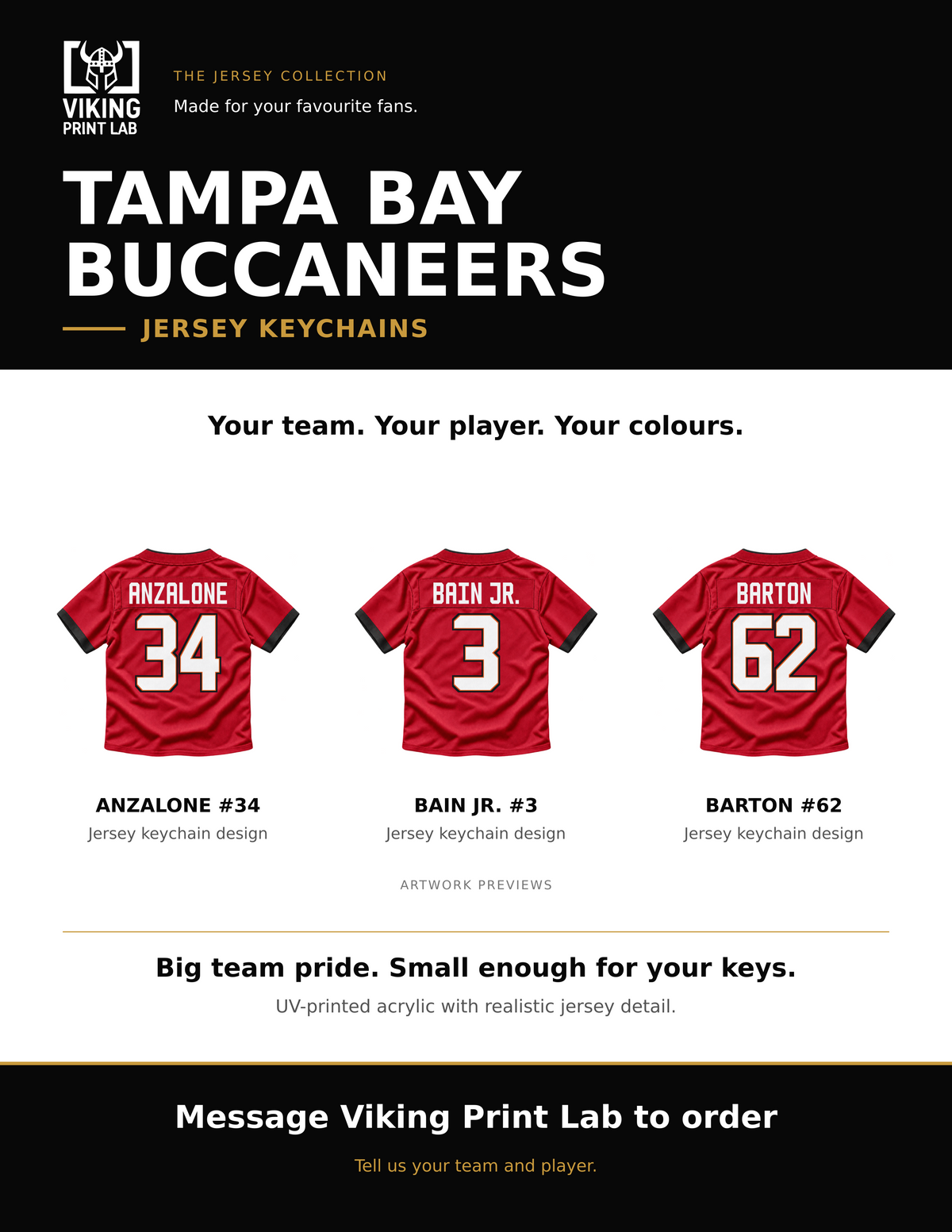 Tampa Bay Buccaneers jersey keychain design overview, showing three available artwork examples. Price is for one keychain.