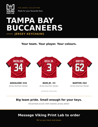 Tampa Bay Buccaneers jersey keychain design overview, showing three available artwork examples. Price is for one keychain.