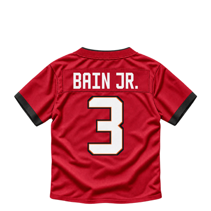 Tampa Bay Buccaneers BAIN JR. #3 jersey keychain artwork preview. Jersey keychain design. Attachment hardware is supplied with the finished acrylic keychain.