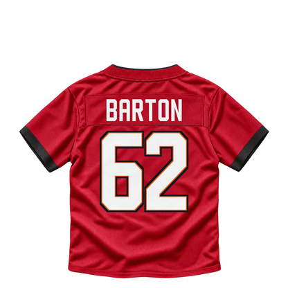 Tampa Bay Buccaneers BARTON #62 jersey keychain artwork preview. Jersey keychain design. Attachment hardware is supplied with the finished acrylic keychain.