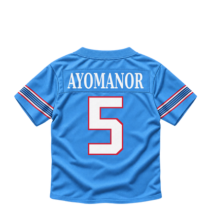 Tennessee Titans AYOMANOR #5 jersey keychain artwork preview. Jersey keychain design. Attachment hardware is supplied with the finished acrylic keychain.