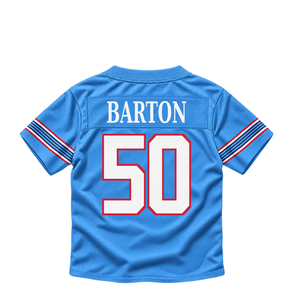 Tennessee Titans BARTON #50 jersey keychain artwork preview. Jersey keychain design. Attachment hardware is supplied with the finished acrylic keychain.