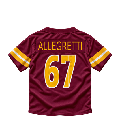Washington Commanders ALLEGRETTI #67 jersey keychain artwork preview. Jersey keychain design. Attachment hardware is supplied with the finished acrylic keychain.