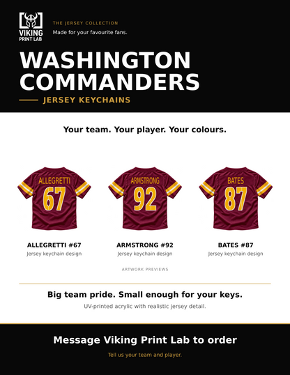 Washington Commanders jersey keychain design overview, showing three available artwork examples. Price is for one keychain.