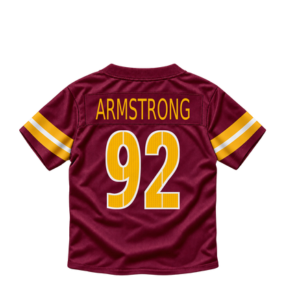 Washington Commanders ARMSTRONG #92 jersey keychain artwork preview. Jersey keychain design. Attachment hardware is supplied with the finished acrylic keychain.