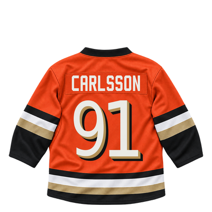 Anaheim Ducks CARLSSON #91 jersey keychain artwork preview. Jersey keychain design. Attachment hardware is supplied with the finished acrylic keychain.