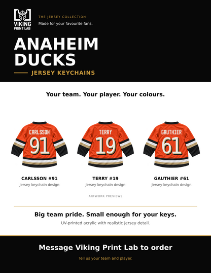 Anaheim Ducks jersey keychain design overview, showing three available artwork examples. Price is for one keychain.