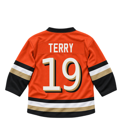 Anaheim Ducks TERRY #19 jersey keychain artwork preview. Jersey keychain design. Attachment hardware is supplied with the finished acrylic keychain.