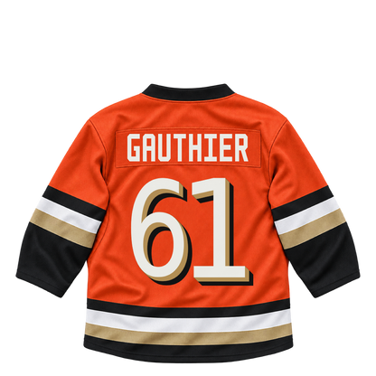 Anaheim Ducks GAUTHIER #61 jersey keychain artwork preview. Jersey keychain design. Attachment hardware is supplied with the finished acrylic keychain.