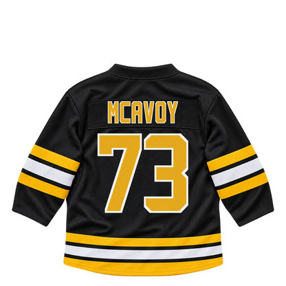 Boston Bruins MCAVOY #73 jersey keychain artwork preview. Jersey keychain design. Attachment hardware is supplied with the finished acrylic keychain.