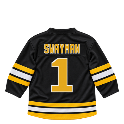 Boston Bruins SWAYMAN #1 jersey keychain artwork preview. Jersey keychain design. Attachment hardware is supplied with the finished acrylic keychain.