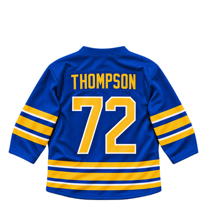 Buffalo Sabres THOMPSON #72 jersey keychain artwork preview. Jersey keychain design. Attachment hardware is supplied with the finished acrylic keychain.
