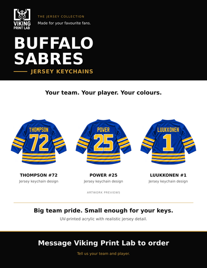 Buffalo Sabres jersey keychain design overview, showing three available artwork examples. Price is for one keychain.