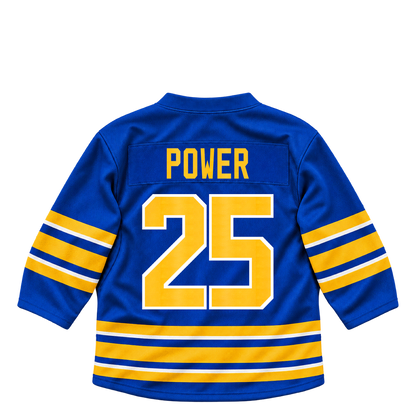 Buffalo Sabres POWER #25 jersey keychain artwork preview. Jersey keychain design. Attachment hardware is supplied with the finished acrylic keychain.