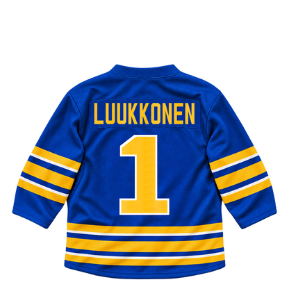 Buffalo Sabres LUUKKONEN #1 jersey keychain artwork preview. Jersey keychain design. Attachment hardware is supplied with the finished acrylic keychain.