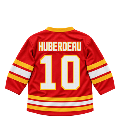 Calgary Flames HUBERDEAU #10 jersey keychain artwork preview. Jersey keychain design. Attachment hardware is supplied with the finished acrylic keychain.