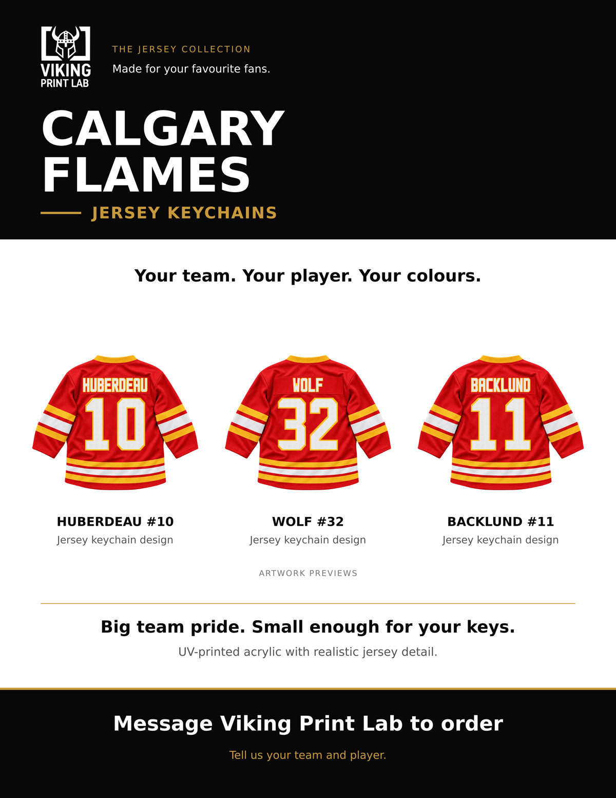 Calgary Flames jersey keychain design overview, showing three available artwork examples. Price is for one keychain.