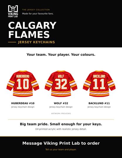 Calgary Flames jersey keychain design overview, showing three available artwork examples. Price is for one keychain.