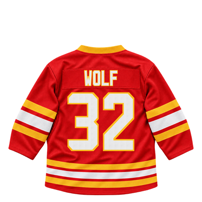 Calgary Flames WOLF #32 jersey keychain artwork preview. Jersey keychain design. Attachment hardware is supplied with the finished acrylic keychain.