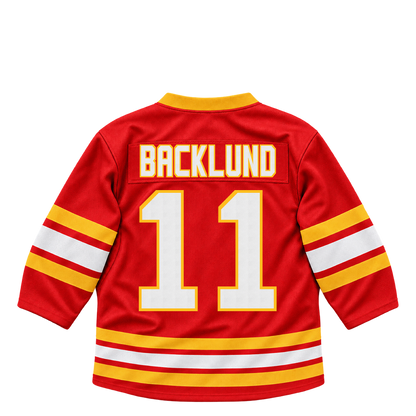 Calgary Flames BACKLUND #11 jersey keychain artwork preview. Jersey keychain design. Attachment hardware is supplied with the finished acrylic keychain.