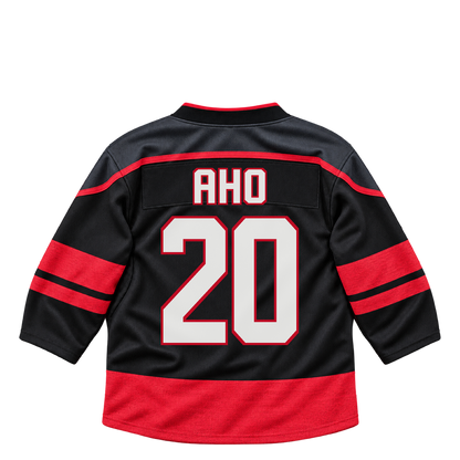 Carolina Hurricanes AHO #20 jersey keychain artwork preview. Jersey keychain design. Attachment hardware is supplied with the finished acrylic keychain.