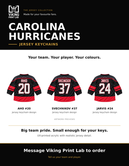 Carolina Hurricanes jersey keychain design overview, showing three available artwork examples. Price is for one keychain.