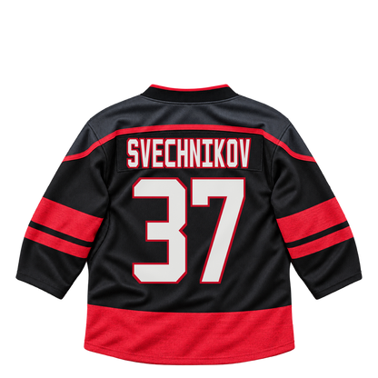 Carolina Hurricanes SVECHNIKOV #37 jersey keychain artwork preview. Jersey keychain design. Attachment hardware is supplied with the finished acrylic keychain.
