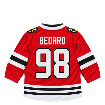 Chicago Blackhawks BEDARD #98 jersey keychain artwork preview. Jersey keychain design. Attachment hardware is supplied with the finished acrylic keychain.