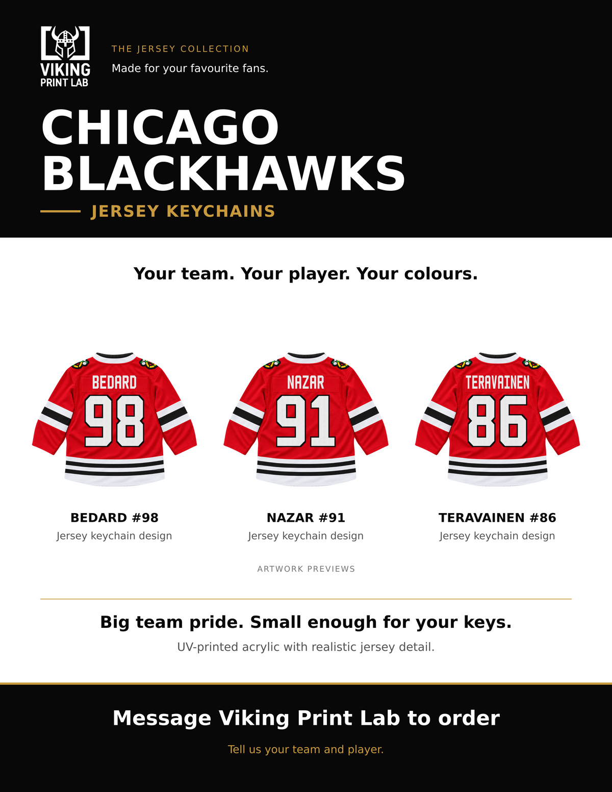 Chicago Blackhawks jersey keychain design overview, showing three available artwork examples. Price is for one keychain.