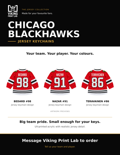 Chicago Blackhawks jersey keychain design overview, showing three available artwork examples. Price is for one keychain.