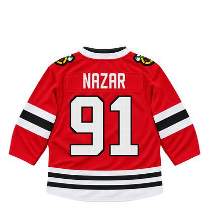 Chicago Blackhawks NAZAR #91 jersey keychain artwork preview. Jersey keychain design. Attachment hardware is supplied with the finished acrylic keychain.