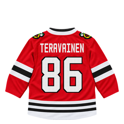 Chicago Blackhawks TERAVAINEN #86 jersey keychain artwork preview. Jersey keychain design. Attachment hardware is supplied with the finished acrylic keychain.